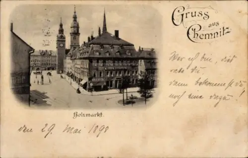 Ak Chemnitz in Sachsen, Vorderansicht des Holzmarkts, zwei Türme, alte Häuser, Text