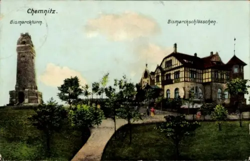 Ak Chemnitz in Sachsen,  Bismarckturm, Bismarckschlösschen