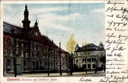 Ak Chemnitz in Sachsen,  Rathaus mit Dresdner Bank, Architektur, Bäume, 