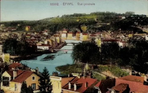 Ak Épinal Lothringen Vosges, Stadtansicht, Fluss, Brücke, Hügel, Bäume