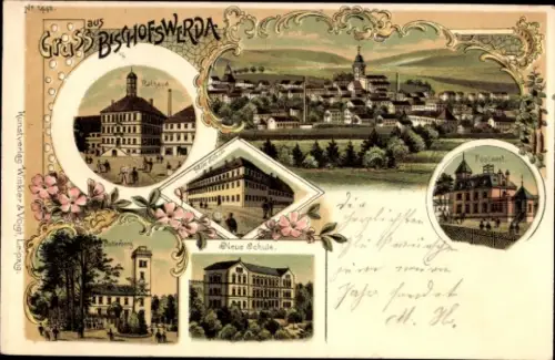 Litho Bischofswerda in Sachsen, Rathaus, Neue Schule, Butterberg, Postamt