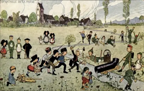 Künstler Ak Hansi, Kinder spielen Krieg, Schlachtfeld