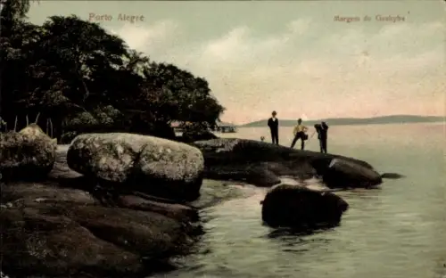 Ak Porto Alegre Brasilien,  Margem do Guahyba, Felsen, Wasser, Menschen
