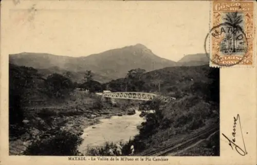 Ak Matadi DR Kongo Zaire, Brücke über den Fluss, Berge im Hintergrund, Text in Französisch