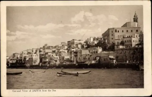 Ak Tel Aviv Jaffa Israel, Blick auf Jaffa vom Meer, Boote im Wasser, Häuser am Ufer