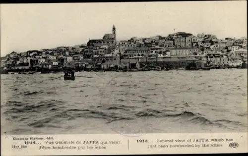 Ak Tel Aviv Jaffa Israel, Allgemeine Ansicht von  bombardiert, 1914, Schiffe im Wasser