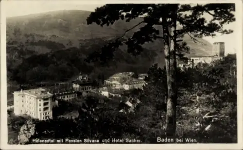 Ak Baden bei Wien in Niederösterreich, Helenental, Pension Silvana, Hotel Sacher, Landschaft, Bäu
