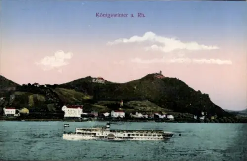Ak Königswinter am Rhein, Schiff auf dem Wasser, Hügel mit Gebäuden, Himmel in Pastellfarben