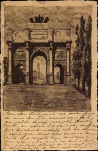 Künstler Ak München, Siegestor, Radierung