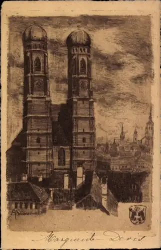 Künstler Ak München, Radierung Frauenkirche