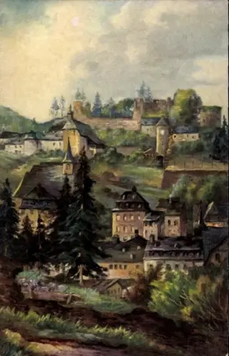 Ak Monschau Montjoie in der Eifel, Landschaft mit Schloss-Ruine, Kloster, Bäume, Eifel