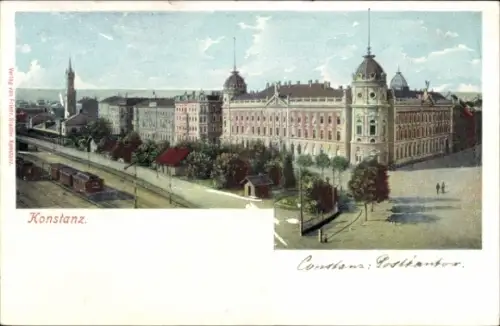Ak Konstanz am Bodensee, Stadtansicht von  Gebäude, Straßenbahn, Menschen
