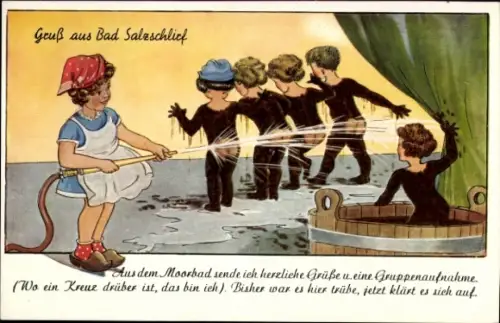 Ak Bad Salzschlirf in Hessen, Aus dem Moorbad, Gruppenaufnahme, Humor