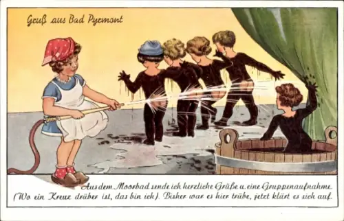 Ak Bad Pyrmont, Aus dem Moorbad, Gruppenaufnahme, Humor