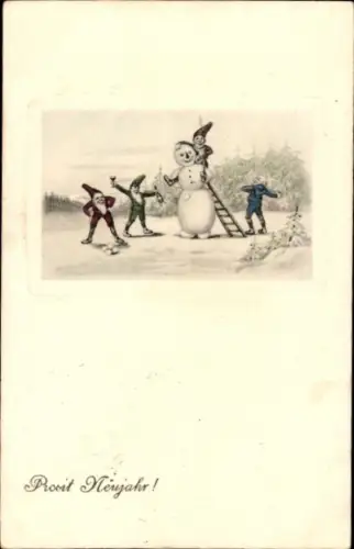 Passepartout Ak Glückwunsch Neujahr, Zwerge, Schneemann