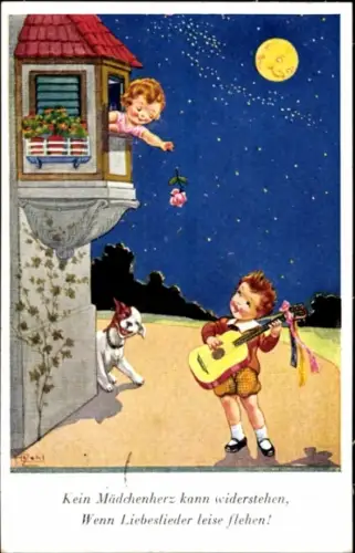 Künstler Ak Kein Mädchenherz kann widerstehen, wenn Liebeslieder leise flehen, Mond, Hund
