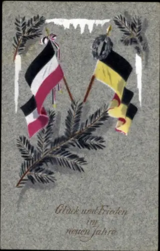 Ak Glückwunsch Neujahr, Tannenzweig, Fahnen