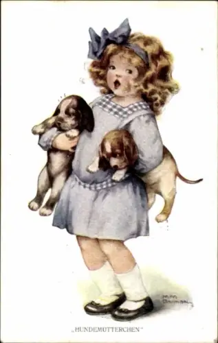 Künstler Ak Hundemütterchen, Mädchen mit Welpen