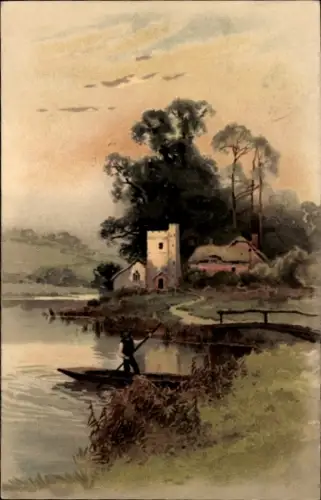 Künstler Ak Dorfidyll, Uferpartie, Ruderboot