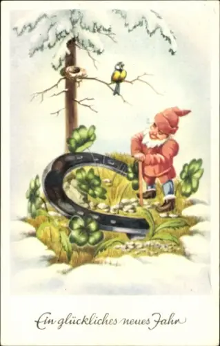 Ak Glückwunsch Neujahr, Kleeblatt, Zwerg, Hufeisen