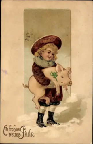 Litho Glückwunsch Neujahr, Kleeblatt, Kind mit Schwein