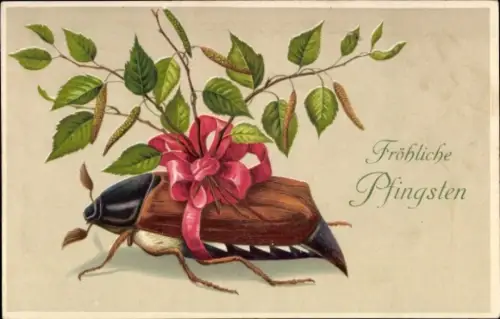 Ak Glückwunsch Pfingsten, Maikäfer, Schleife, Laubblätter