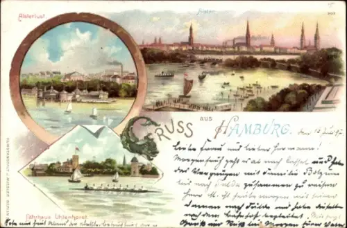 Litho Hamburg Mitte Altstadt, Alsterlust, Fährhaus Uhlenhorst, Alster, Panorama