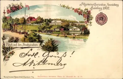 Litho Hamburg Mitte Altstadt, Allgemeine Gartenbau Ausstellung 1897, Stadtgraben