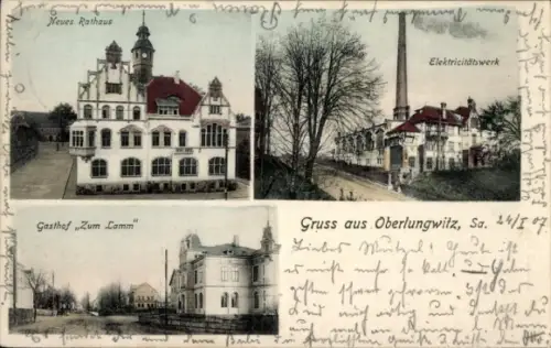 Ak Oberlungwitz in Sachsen, Rathaus, Gasthof Zum Lamm, Elektrizitätswerk