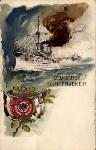Litho Deutscher Flottenverein, Deutsches Kriegsschiff, Salut, Fahnen, Kaiserliche Marine