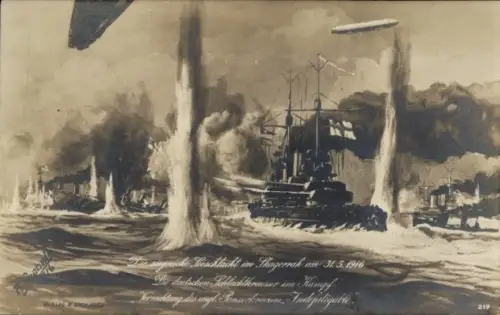 Künstler Ak Kaiserliche Marine, Skagerrakschlacht, Kriegsschiffe, Zeppelin