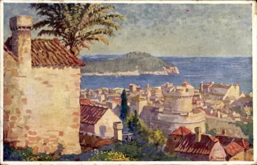 Künstler Ak Dubrovnik Kroatien, Vue prise du Nord. Ile Lacroma et fort Minceta