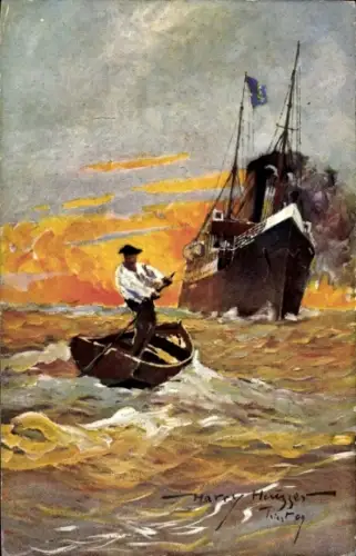 Künstler Ak Dampfer, Österreichischer Lloyd, Mann im Boot