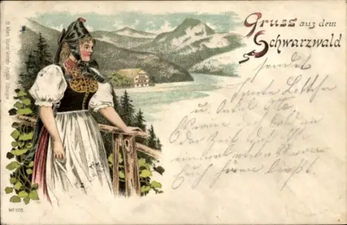 Litho Schwarzwald, Schwarzwälderin in Tracht, Landschaftsmotiv