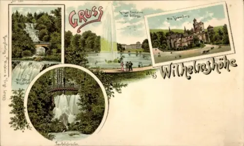 Litho Bad Wilhelmshöhe Kassel Hessen, Teufelsbrücke, Große Fontaine, Löwenburg