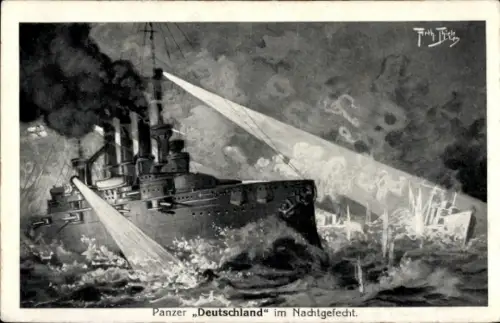 Künstler Ak Thiele, A., Panzerschiff Deutschland im Nachtgefecht, Kaiserliche Marine