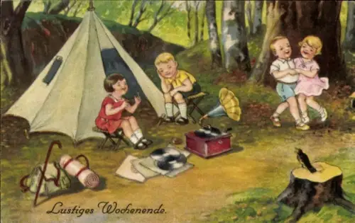 Künstler Ak Lustiges Wochenende, Kinder auf Waldlichtung, Schallplattenspieler, Zelt