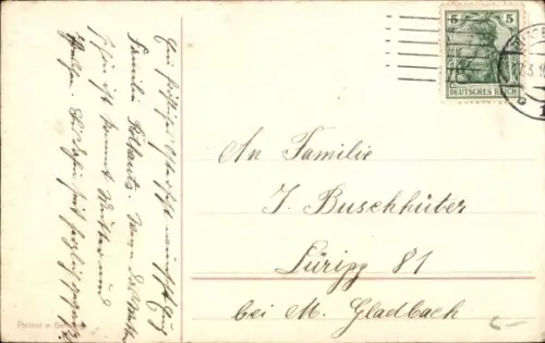 Ak Frohe Ostern, Kind reitet auf einem Hahn, Weidenkätzchen, Ostereier