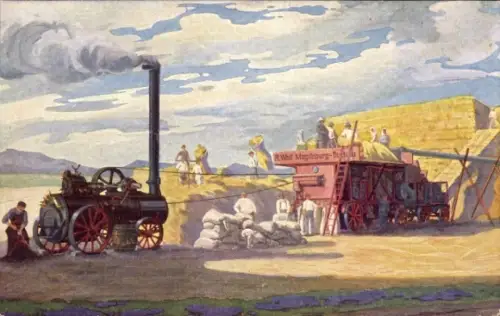 Künstler Ak Landwirtschaft, Dampfbetriebene Dreschmaschine, R. Wolf, Magdeburg Buckau