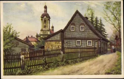 Künstler Ak Šluknov Schluckenau Region Aussig, Kirchsteig