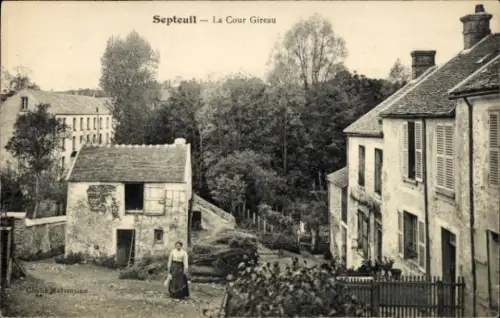 Ak Septeuil Yvelines, La Cour Gireau, ländliche Ansicht, Gebäude und eine Frau