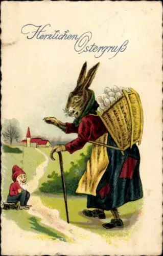Ak Glückwunsch Ostern, Häsin mit Eiern, Zwerg
