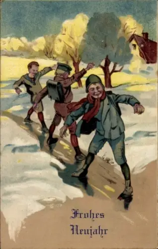 Ak Frohes Neujahr, drei Jungen auf dem Eis