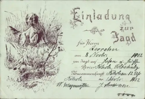 Künstler Ak Einladung zur Jagd, Jagdhund auf der Pirsch
