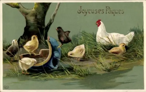 Ak Frohe Ostern, Henne mit Küken