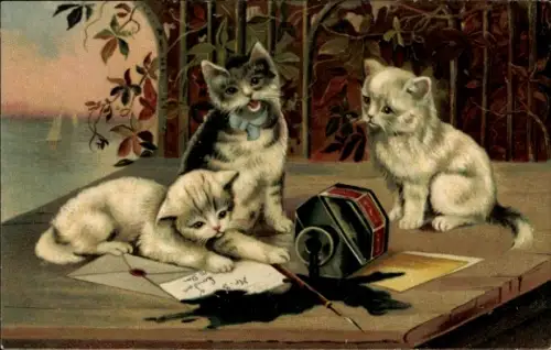 Ak Drei kleine Katzen, Tintenfass