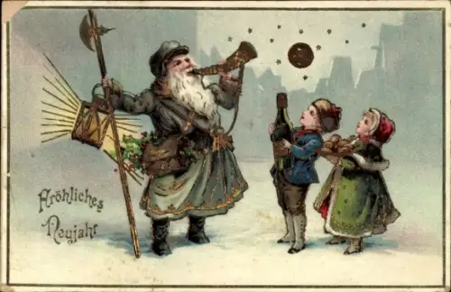 Präge Ak Glückwunsch Neujahr, Kinder mit Sektflasche, Mann mit Laterne