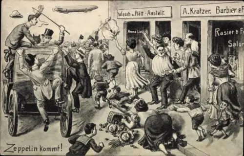 Künstler Ak Zeppelin kommt! Straßenszene, Schaulustige, Barbier A. Kratzer, Kutsche