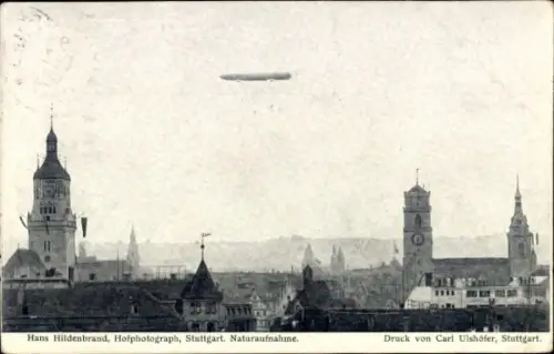 Ak Stuttgart in Württemberg, Teilansicht, Zeppelin über Stadt, 5. August 1908