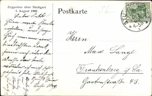 Ak Stuttgart in Württemberg, Teilansicht, Zeppelin über Stadt, 5. August 1908